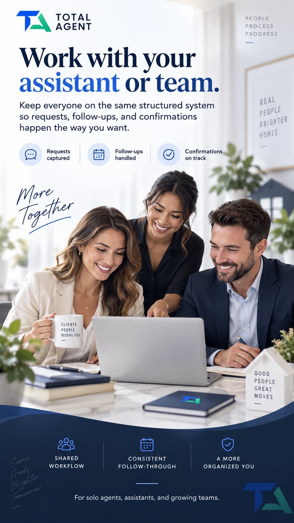 An agent and a small team around a laptop: work with your assistant or team — shared workflow, consistent follow-through.