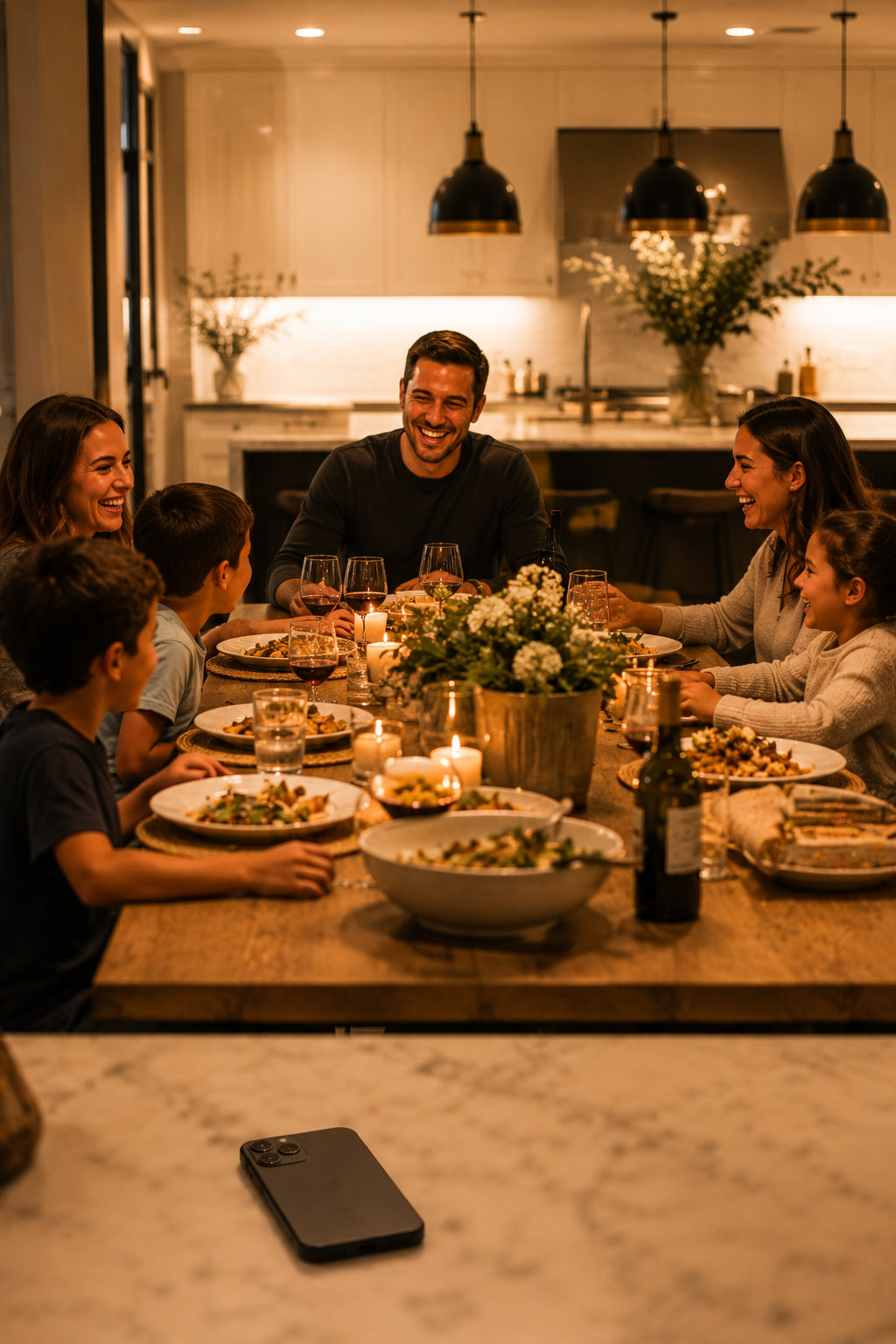 An agent at dinner with family, phone face-down